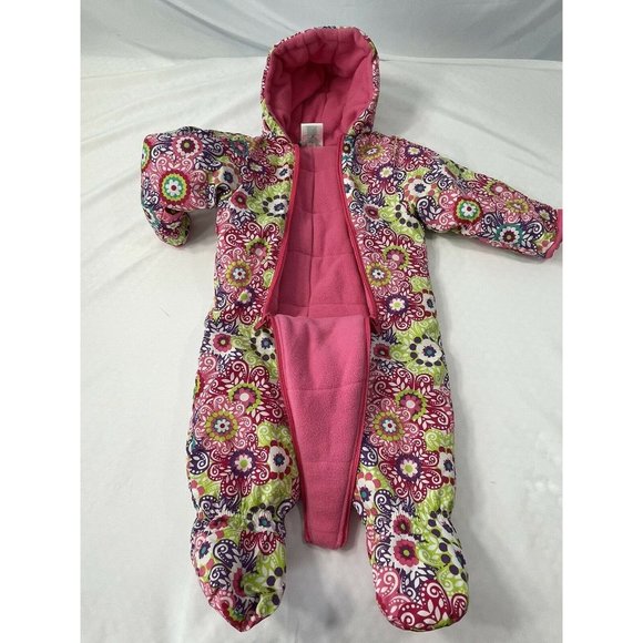 Baby Snowsuit 3-6 months Pink Floral Geometric Bunting w Feet, Warm  EUC - Picture 5 of 8